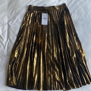 ZARA - NWT - Metallic Gold Pleated Midi Skirt (Size: Small)